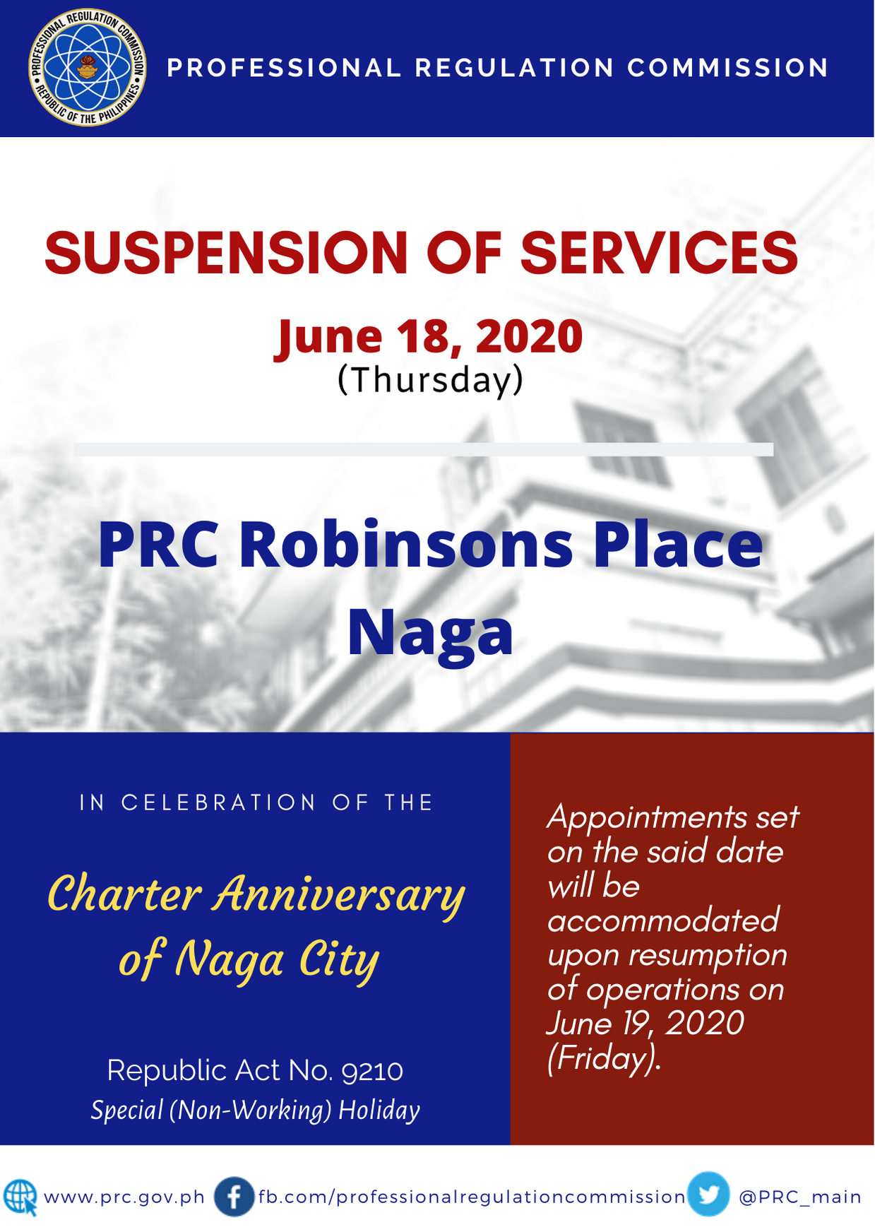 Suspension of Services in PRC Robinsons Place Naga on June 18, 2020
