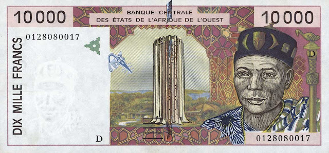 West African States Currency 10000 CFA Francs banknote 2001 Central Bank of the West African States building - BCEAO headquarters in Dakar, Senegal