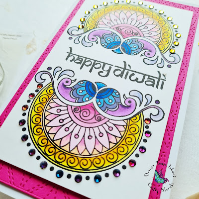 Happy Diwali card, Happy Diwali stamp set by Crafty Meraki, Indian motif card, Diwali cards, Diwali stamps, Diwali crafts, Parisienne die crafty meraki, Meraki sparkle illusion embellishments, Quillish, crafty meraki DT Ishani