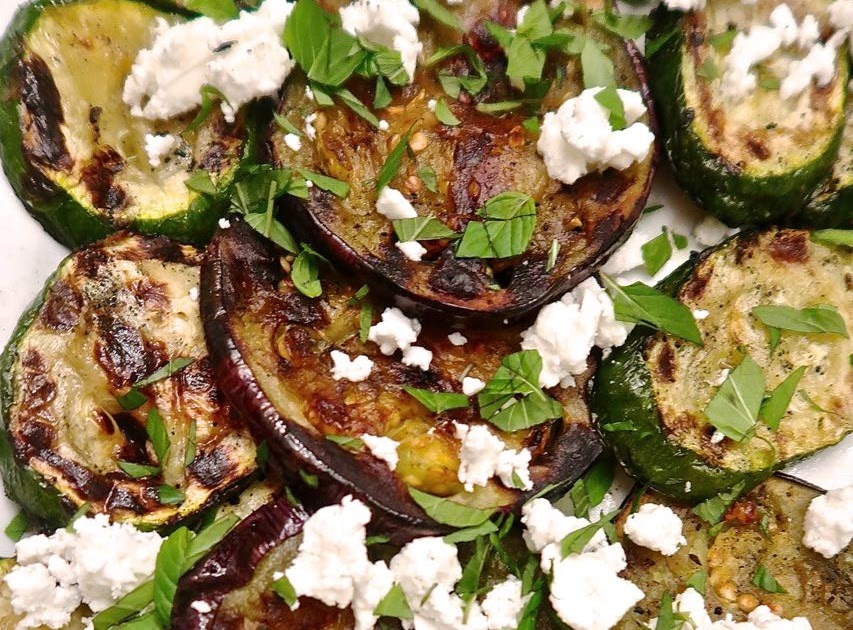 Scrumpdillyicious Grilled Eggplant & Zucchini with Feta and Mint