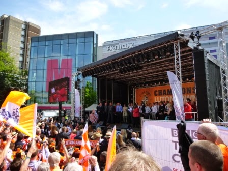 Hatters on stage with the prestigious Skrill Premier Division Championship Trophy and the Mayor of Luton, Councillor Sheila Roden