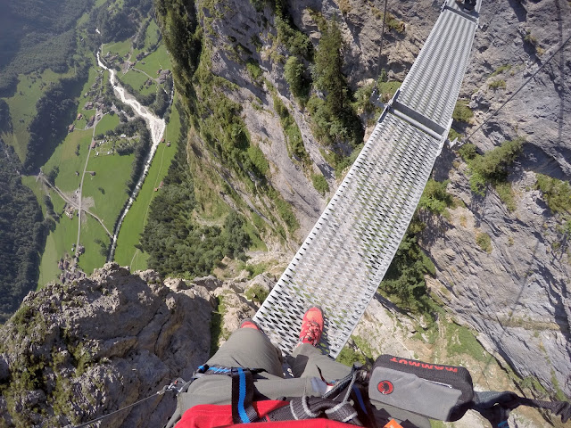 Via Ferrata, Klettersteig, Hike, Climbing, Scrambling, mountaineer, mountain, extreme, adrenaline, adventure, Explore, Murren, Gimmelwald, Lauterbrunnen, Interlaken, Switzerland, Bern, Swiss Alps, Bernese Alps, Alpine, hanging, Nepalese Bridge, tyrolean, cliff, BASE, ladders, 