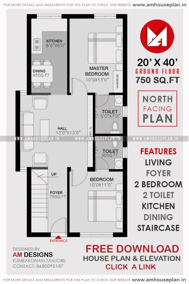 20 X 40 Ground Floor Plan Under 750 Square Feet With 2 Bedroom