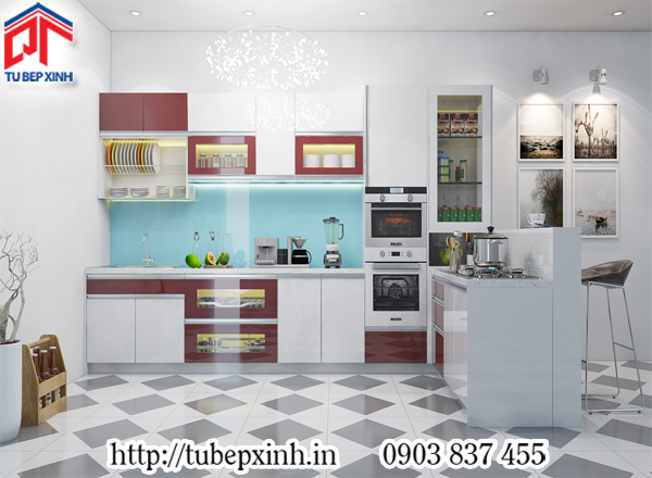 Top 5 mẫu tủ bếp tiêu biểu tháng 10 tủ bếp màu trắng đỏ đô