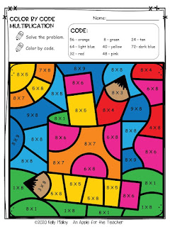 Color by Number Multiplication Facts School Supply Themed pencils colored in