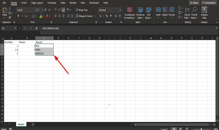 Cómo usar DEC2Bin en Excel