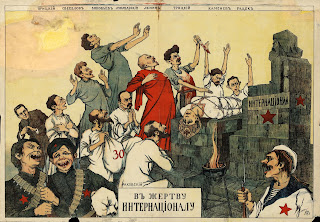 Rus İç Savaşı yıllarında Lenin, Troçki ve diğer Sovyet liderlerinin, rahipleri Marx'a kurban verir gibi gösteren Beyaz Ordu propaganda posteri, 1919