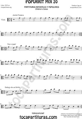 Partitura de Viola Popurrí Mix 20 Partituras de Antón Pirulero, Voy a Jugar, Debajo de un Botón Infantil Sheet Music for Viola Music Score