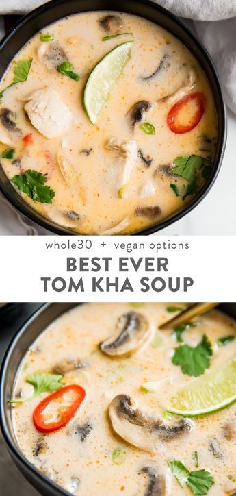 This tom kha soup (Thai coconut soup) is absolutely perfect. Rich and creamy yet tangy and salty, this Thai soup is filling but light and positively bursting with flavor. The very best recipe I've ever made or tried. Whole30, paleo, and vegan options