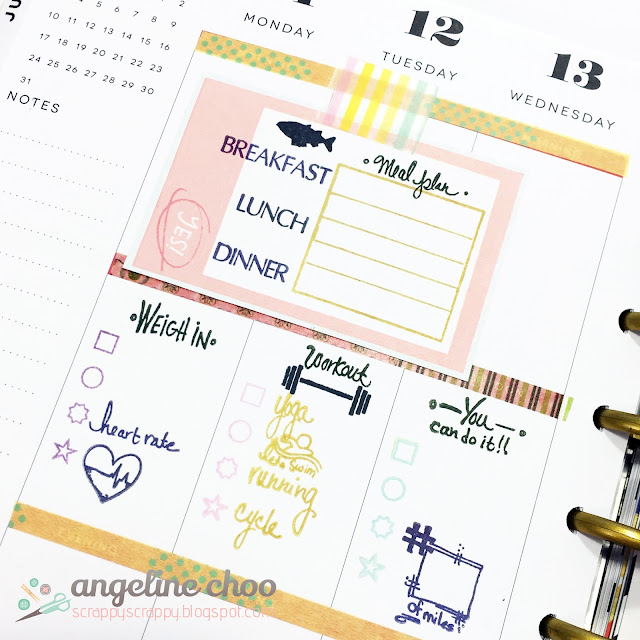 Happy Planner: Food and Fitness with JLO Stamps #scrappyscrappy #jessicalynnoriginal #jlostamp #stamp #happyplanner #meandmybigideas #planner #plannerstamps #fitness #food #veggies #copic #washi #coloring