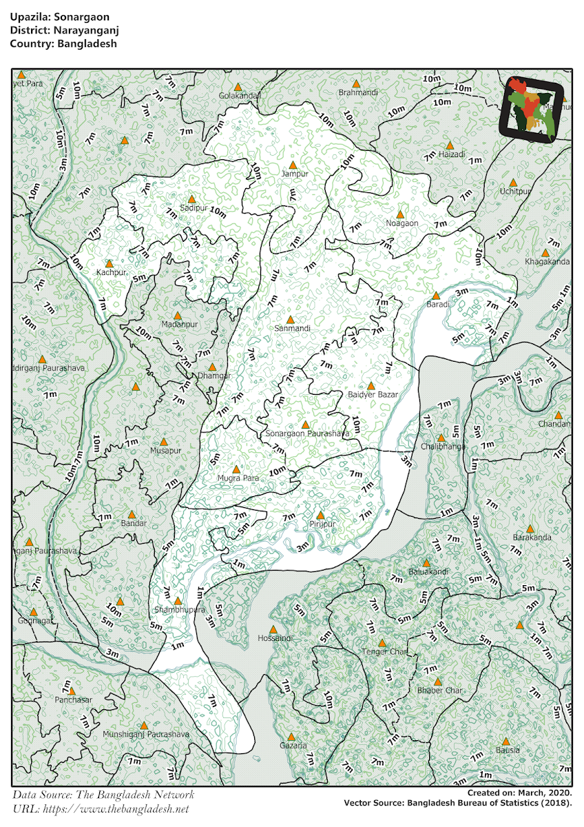 Sonargaon Upazila Elevation Map Narayanganj District Bangladesh