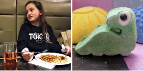 My youngest eating lunch out and a dinosaur bubble bar