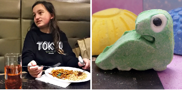 My youngest eating lunch out and a dinosaur bubble bar