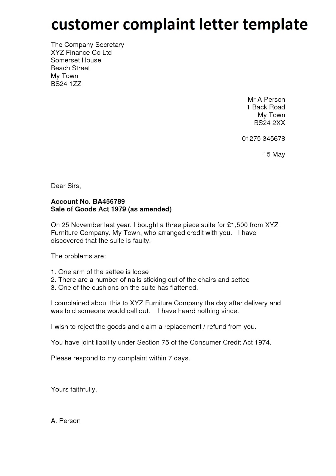 complaint letter template: customer complaint letter template