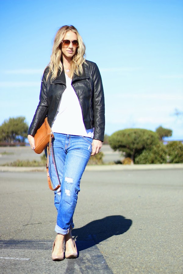 leather jacket and boyfriend jeans
