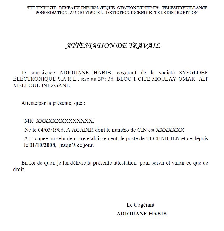 Exemples de modèles d'attestations de travail en pdf Certificat de