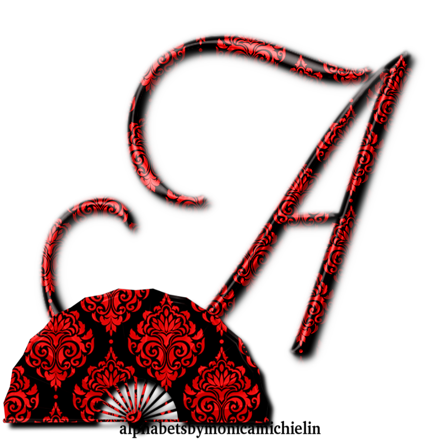 Monica Michielin Alphabets ORIENTAL FAN RED AND BLACK DAMASK ALPHABET PNG