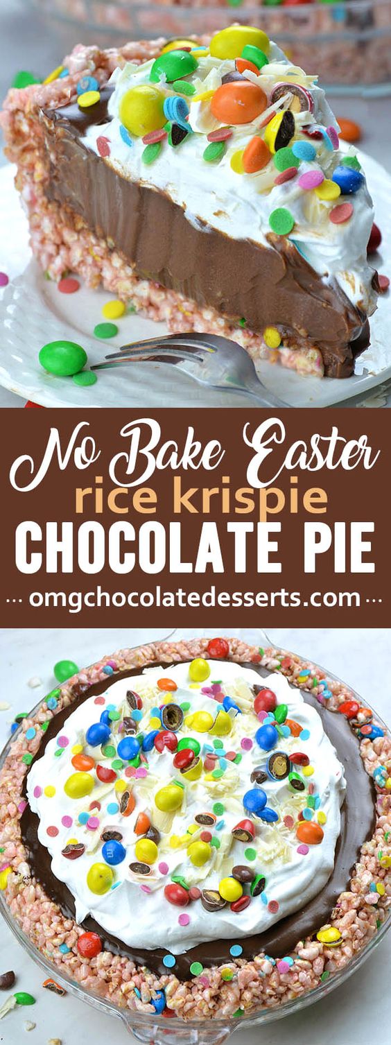 No Bake Easter Chocolate Pie with Rice Krispie crust and chocolate pie filling, topped with whipped cream, colorful confetti sprinkles, M&M candies and white chocolate shavings is perfect and easy