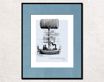 framed vintage illustration of hot air ship with text