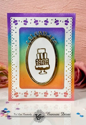 Designer card project using the Celebrate Frame die available at TLCDesigns.shop!  The embre background is a true rainbow delight