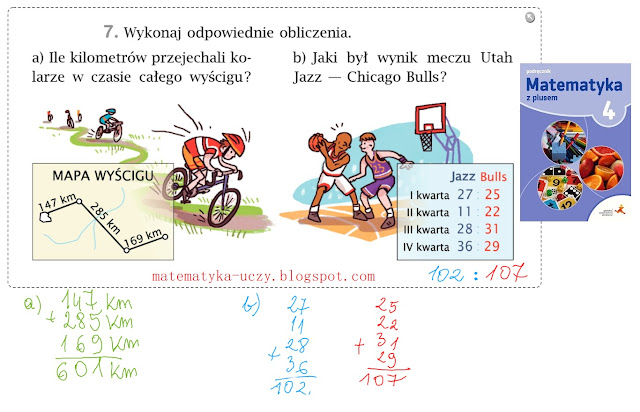 Zad. 7 i 8 str. 92 "Matematyka z plusem 4" Dodawanie pisemne w zadaniach z treścią