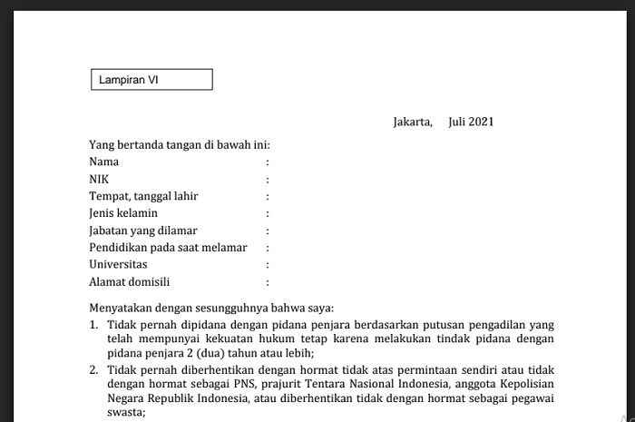 Surat pernyataan cpns 2021