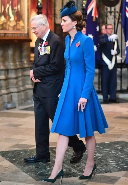 Kate Middleton wore Catherine Walker coat and Emmy London pumps, Kiki McDonough blue topaz diamond earrings