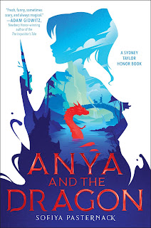 A silhouette of a girl holding a dagger, in the silhouette a dragon appears from a river.
