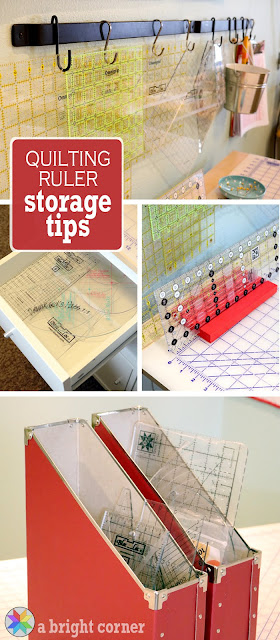 Sewing Room organization tips for storing tools and quilting rulers from A Bright Corner