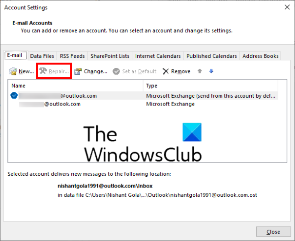 reparar cuenta de correo electrónico de intercambio de Microsoft