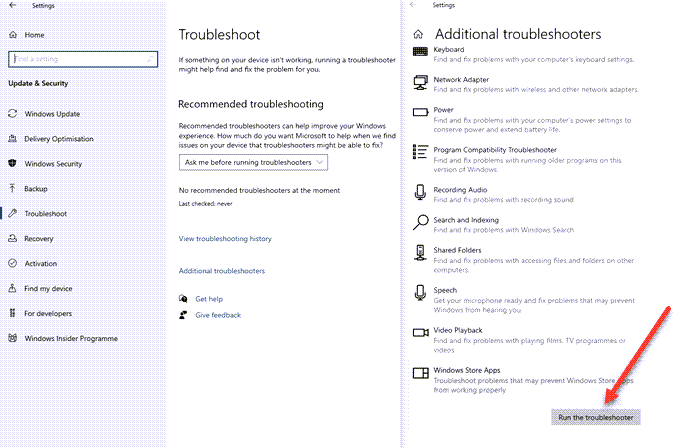 Esegui lo strumento di risoluzione dei problemi dell'app di Windows 10