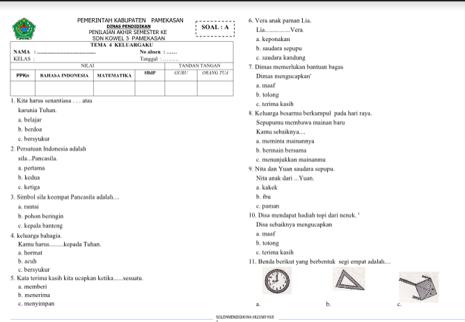 Soal Uas Pas Tema 4 Kelas 1 Sd Kurikulum 2013 Guru Berbagi