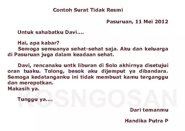 Contoh Surat Tidak Resmi Untuk Guru, Orangtua, Sahabat, Saudara - Kosngosan