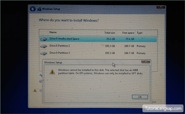 cara mengatasi Windows cannot be installed to the disk. The selected disk has an MBR partition table. On EFI system, Windows can only be installed to GPT disk
