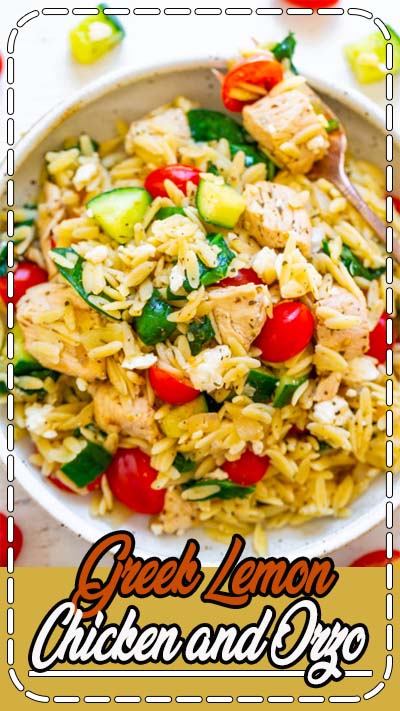 Greek Lemon Chicken and Orzo – EASY, ready in 25 minutes, and feeds a crowd!! Juicy lemon chicken with orzo, fresh spinach, cucumbers, and tomatoes make this a dinnertime WINNER! Great for parties, picnics, and potlucks!! Greek Lemon Chicken and Orzo – EASY, ready in 25 minutes, and feeds a crowd!! Juicy lemon chicken with orzo, fresh spinach, cucumbers, and tomatoes make this a dinnertime WINNER! Great for parties, picnics, and potlucks!!