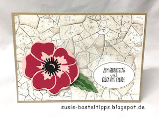 viele Ideen und Techniken mit Stampin' Up! Stanzenset Mohnblüten poppy moments dies, stampin up stanzformen mohnblüten, diy, technik. diy stempel, moosgummi, layered, anemone, bunter blumenstrauss, steinmauer, aquarell, hintergrund, transparentpapier, savanne, sab, gratisprodukt, diy prägeform, embossing folder, brusho, distress