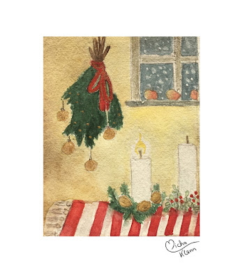 Stimmungsvolle Advent-Illustrationen mit Kerzen, Geschmückten Tannenzweigen und Schneeflocken