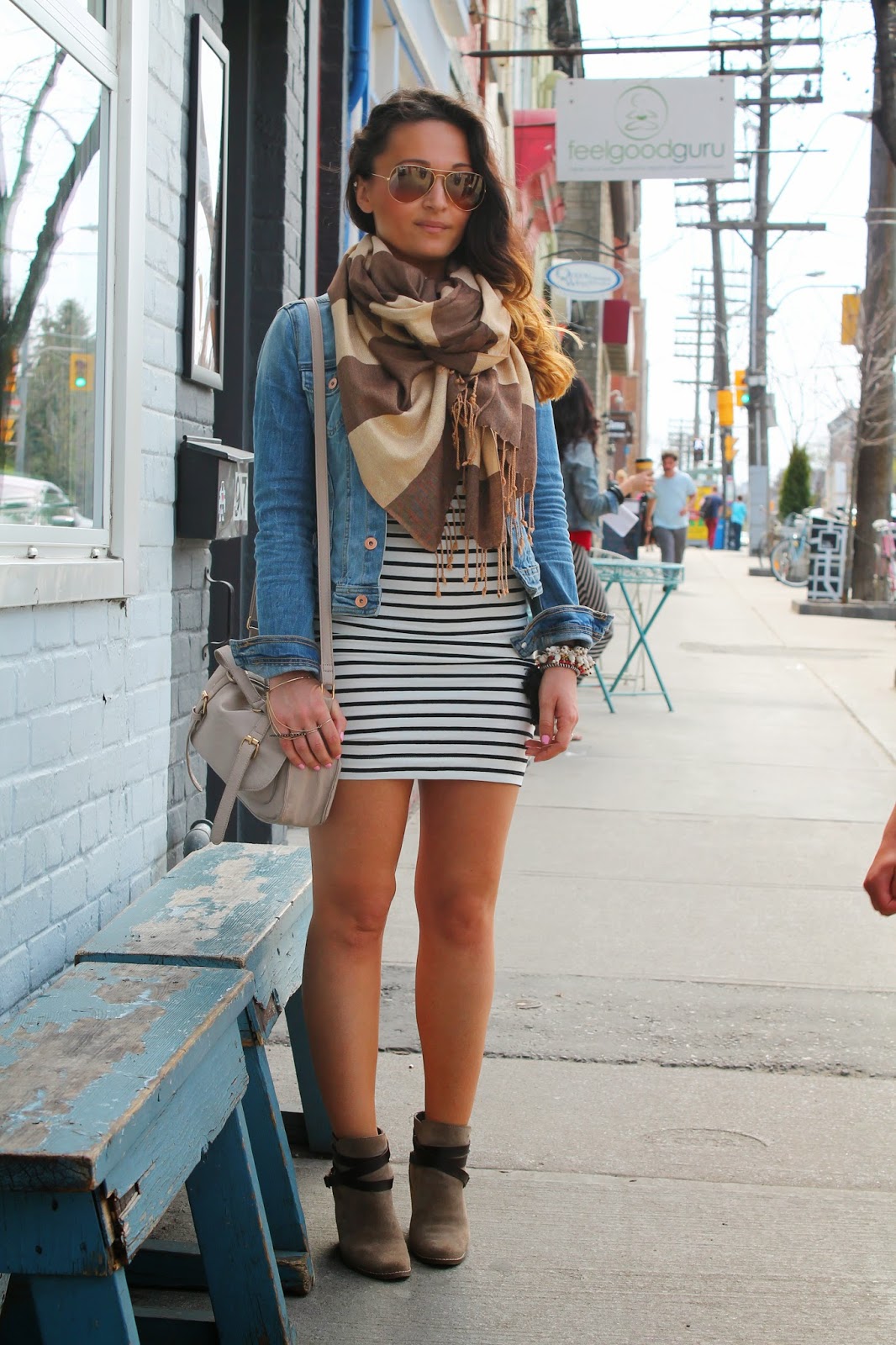 Another Striped Dress, Denim Jacket & Ankle Boots