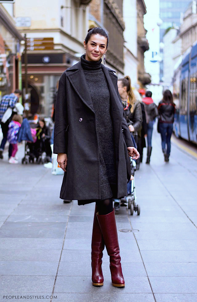 How to wear grey coat and grey dress with knee high boots, grey coat 2014 street style photo by PEOPLEANDSTYLES.COM