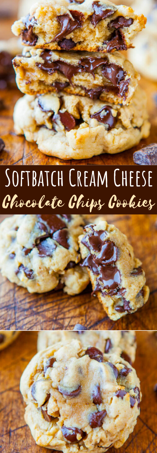 Softbatch Cream Cheese Chocolate Chip Cookies #cookies #baking #desserts #chocolatechips #easy