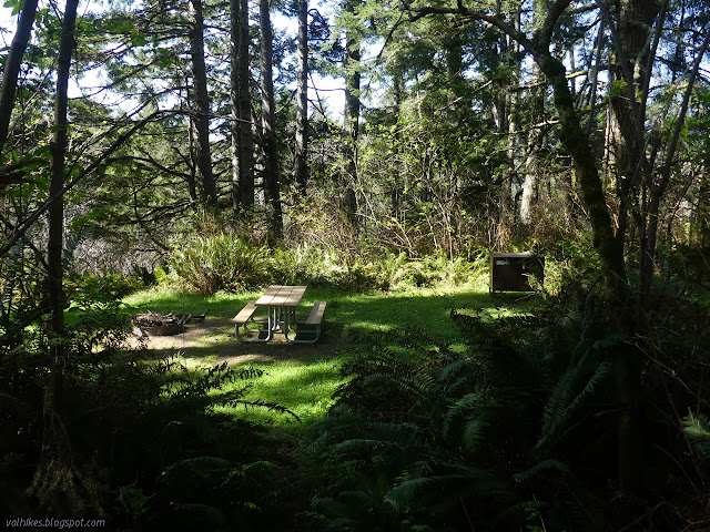 camp with table, fire pit, and bear box