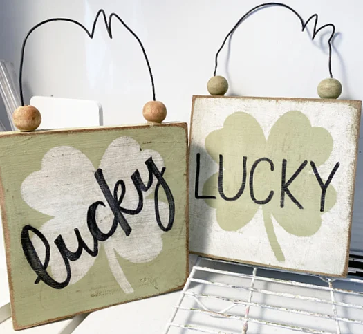 lucky distressed signs with beaded hanger