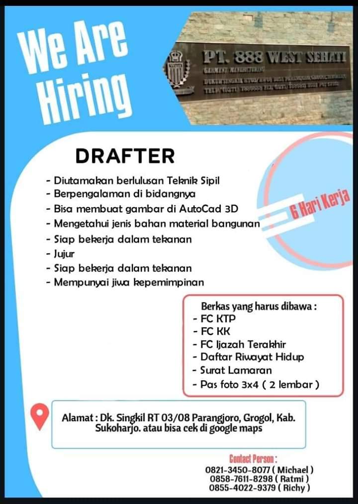 Lowongan Kerja Drafter PT. 888 West Sehati Sukoharjo Juli 2020 - Loker