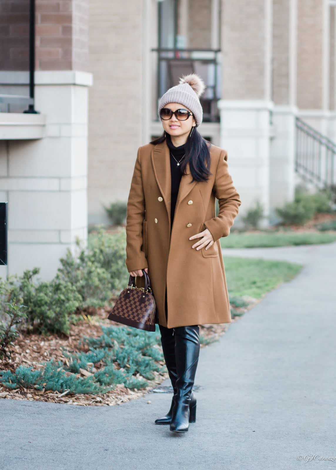 Zara Brown Coat | Franco Sarto Knee Length Boots | Louis Vuitton Alma BB Bag | Simons Canada Corduroy Skirt | Joe Fresh Beanie | Fall Outfit Idea | Petite Fashion | Mom Style