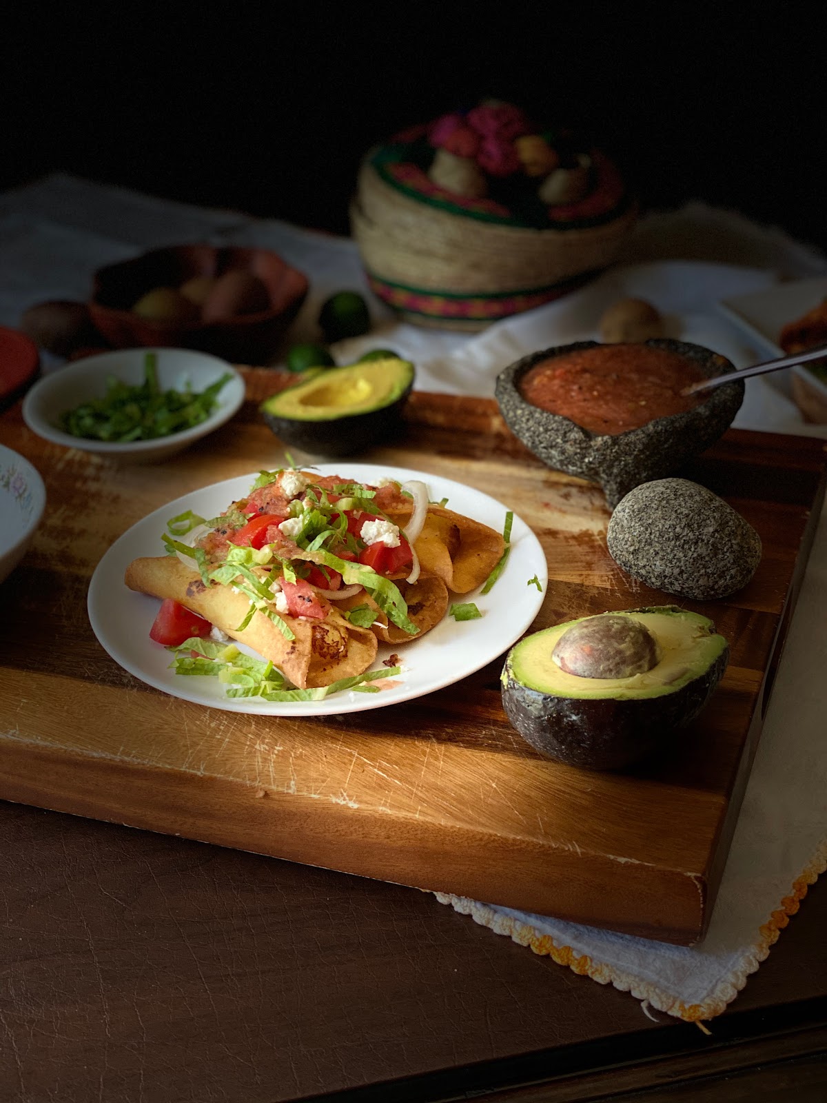 Tacos Dorados de Papa with Salsa Roja (Potato Tacos with red salsa) by