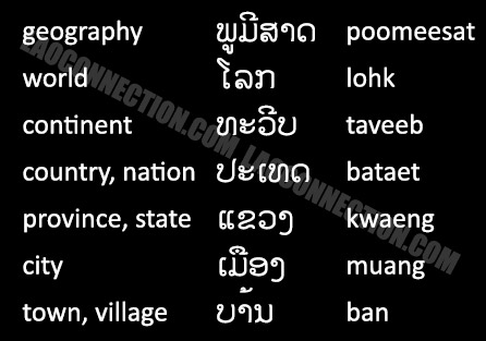Lao Language: Geography Words - written in Lao and English.