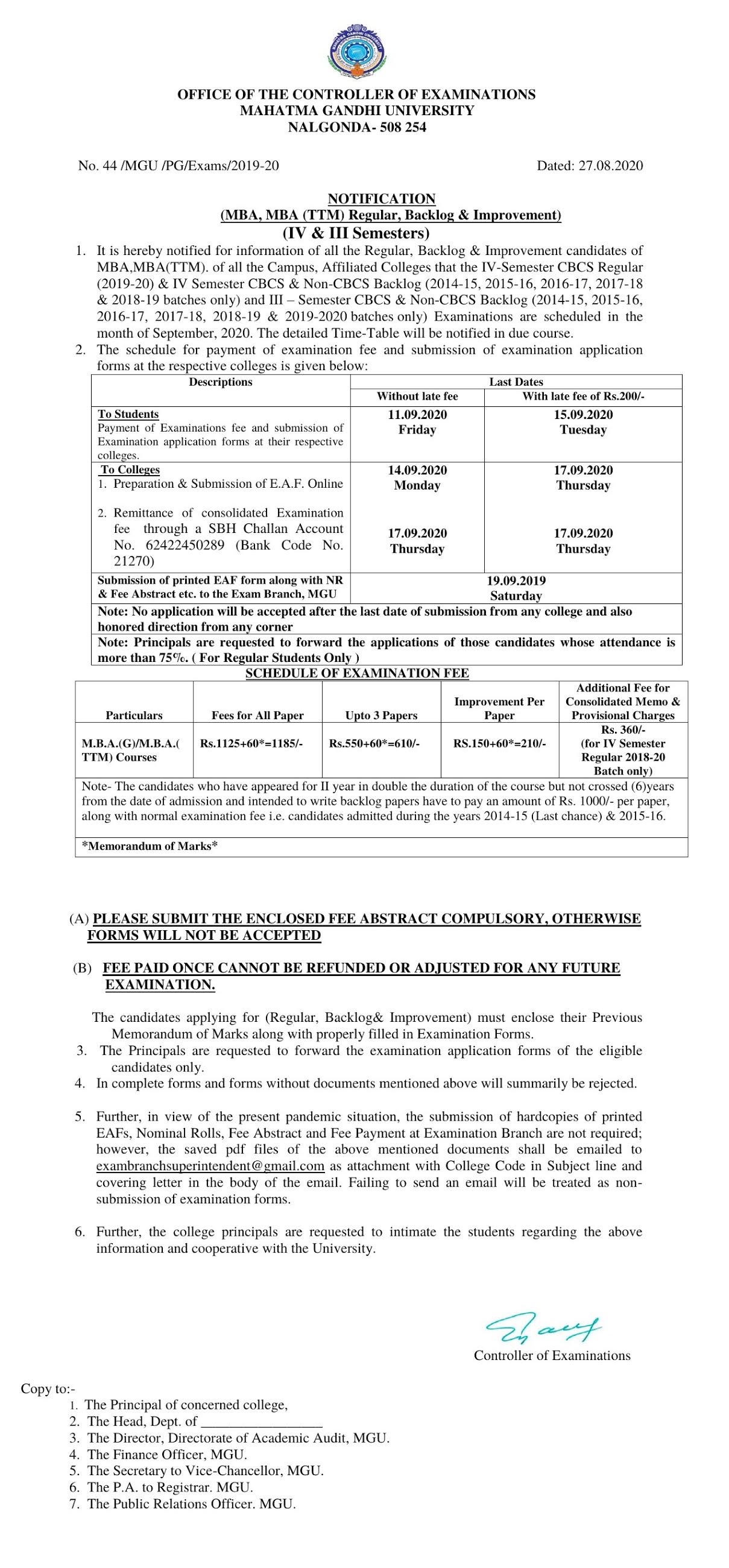 Mahatma Gandhi University MBA TTM 3rd & 4th Sem Sep 2020 Exam Fee Notification