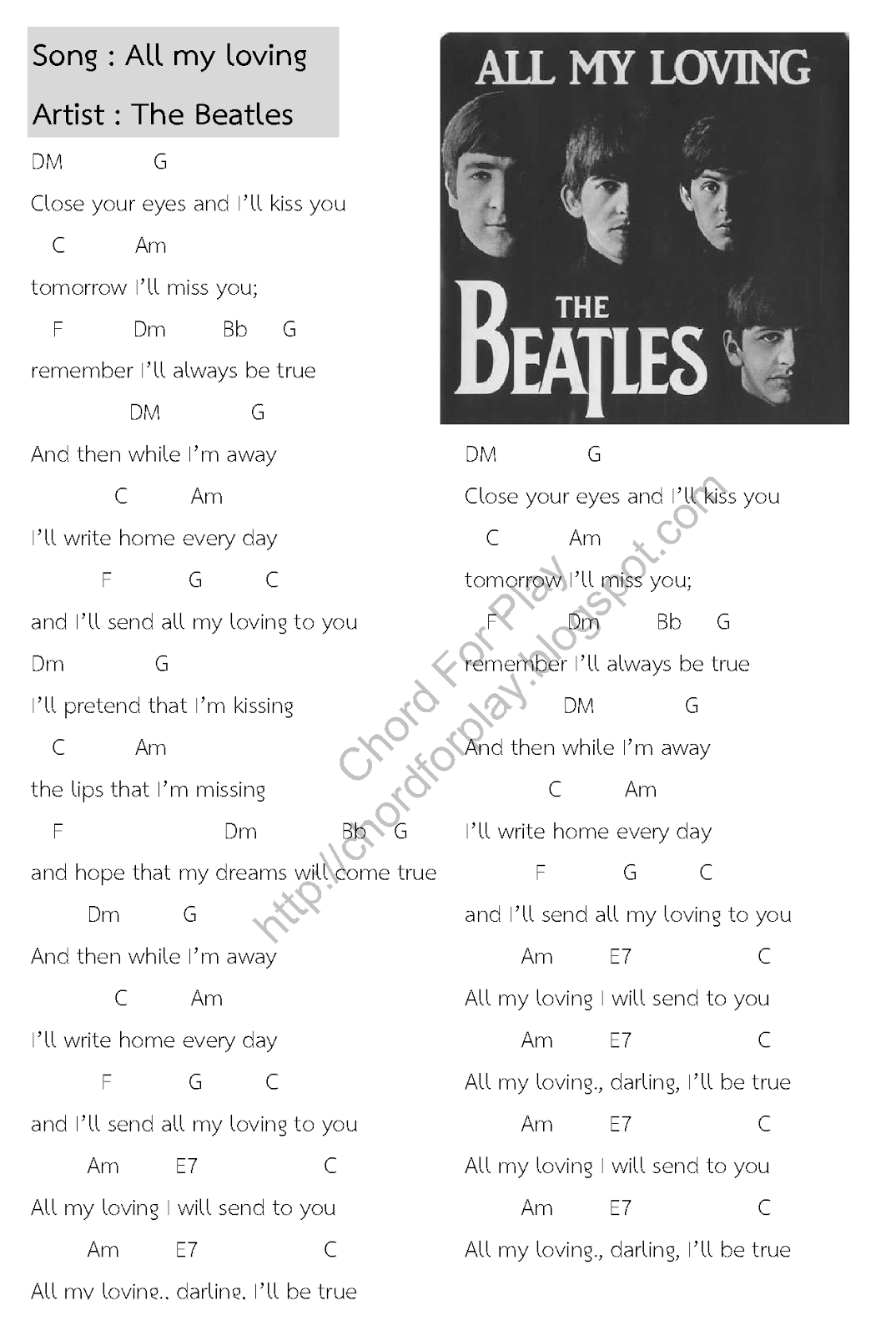 Chord For Play All my loving The Beatles (Ukulele Chord)
