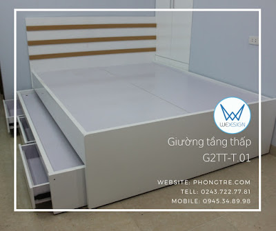 Giường tầng thấp màu trắng trang trí nẹp vân gỗ G2TT-T.01