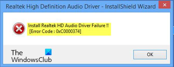 Installa Realtek HD Audio Driver Failure, errore OxC0000374